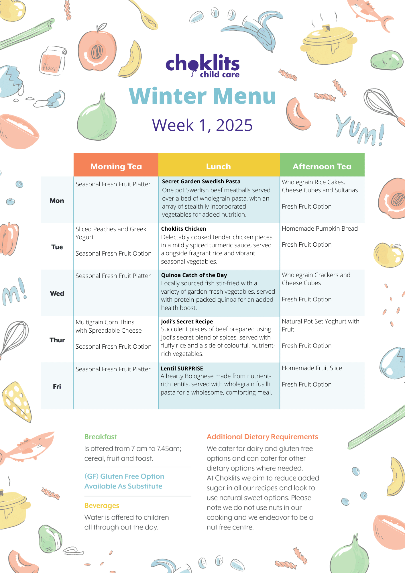Choklits Child Care Winter Menu 2025 Week 1