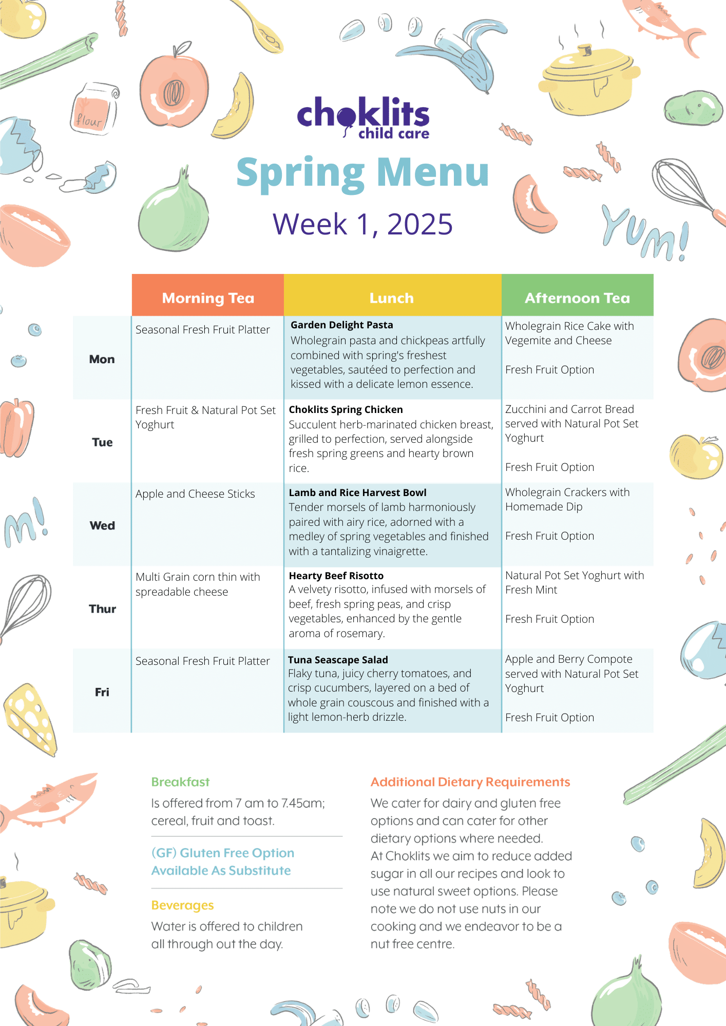 Choklits Child Care Spring Menu 2025 Week 1
