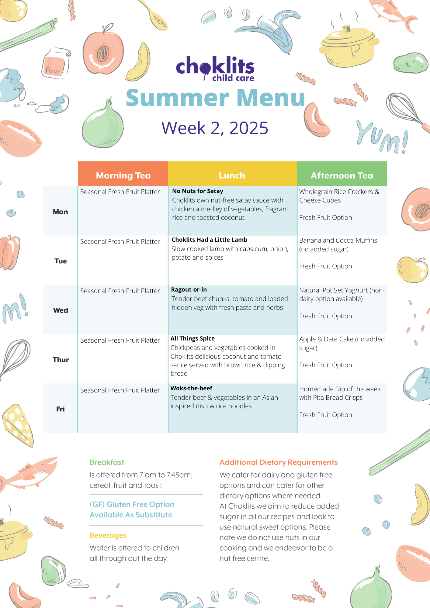 Choklits Child Care Summer Menu 2025 Week 2