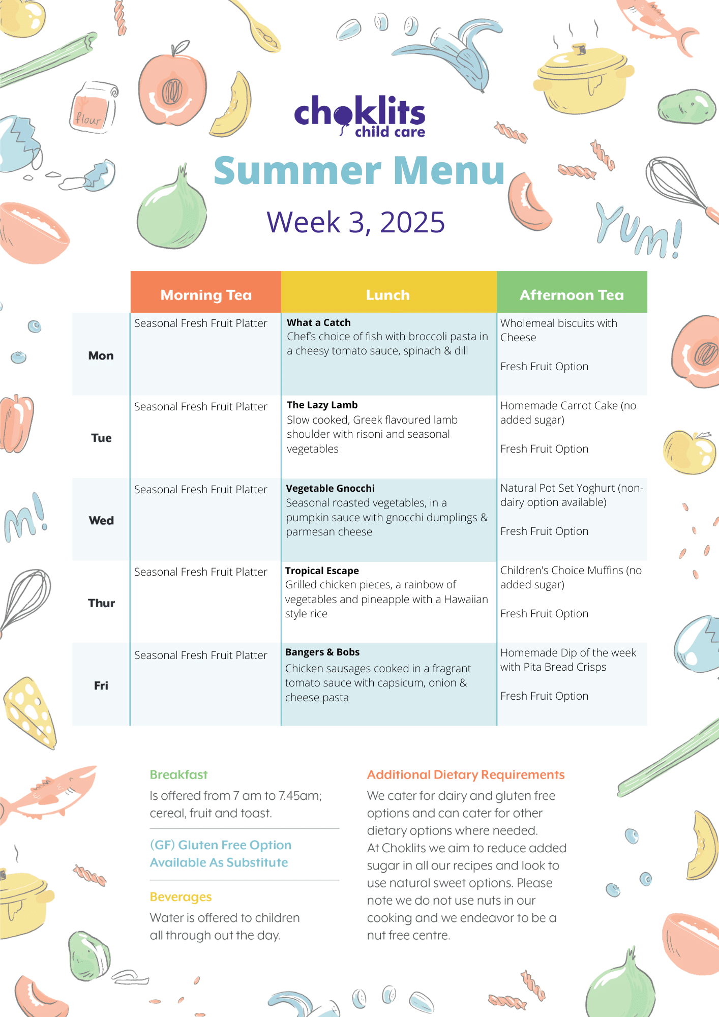 Choklits Child Care Summer Menu 2025 Week 3