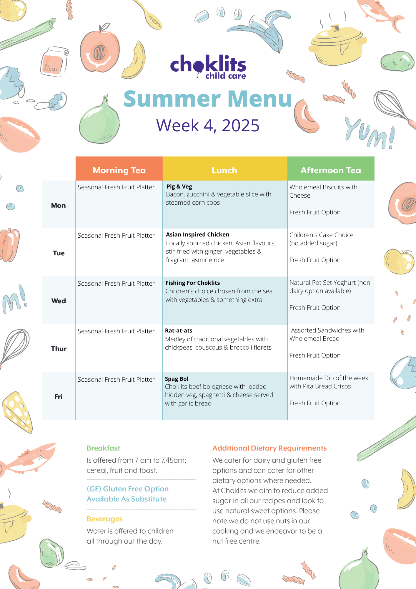 Choklits Child Care Summer Menu 2025 Week 4