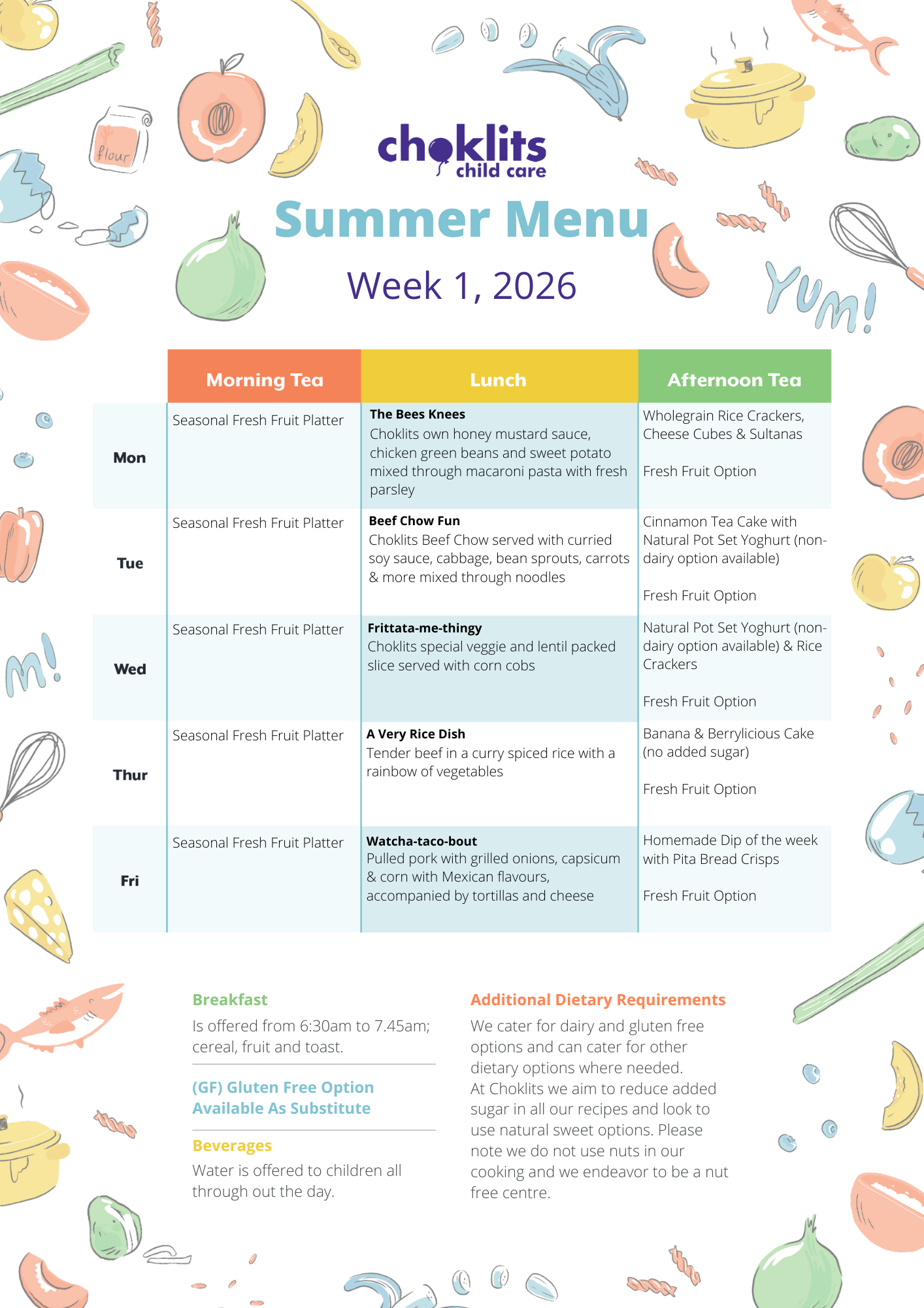 Choklits Child Care Summer Menu 2026 Week 1