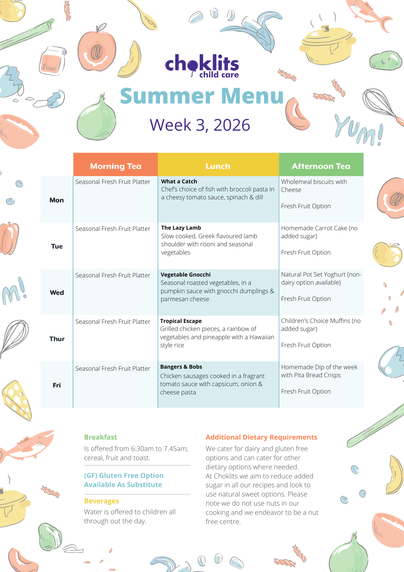 Choklits Child Care Summer Menu 2026 Week 3