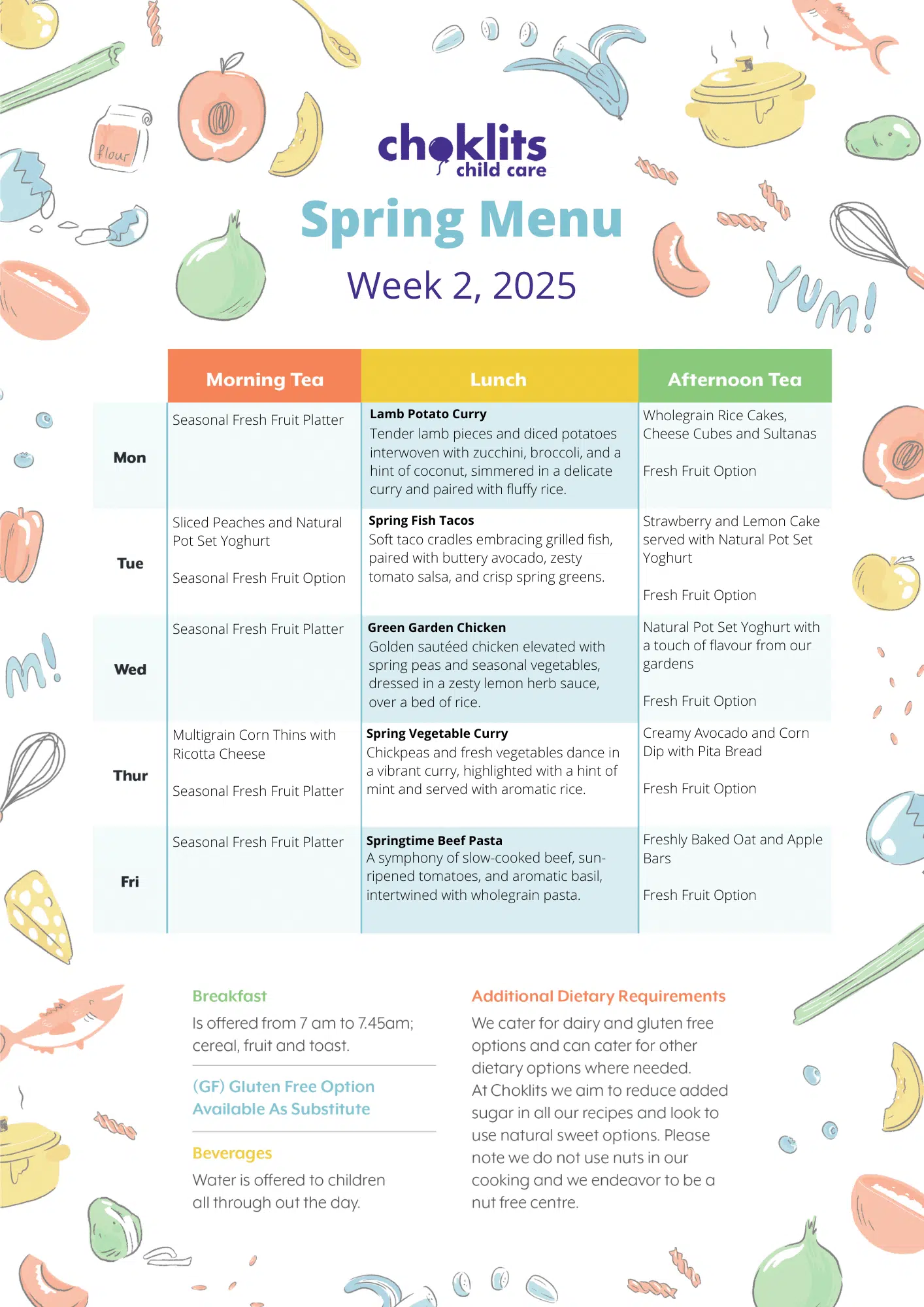 Choklits Child Care Spring Menu 2025 Week 2