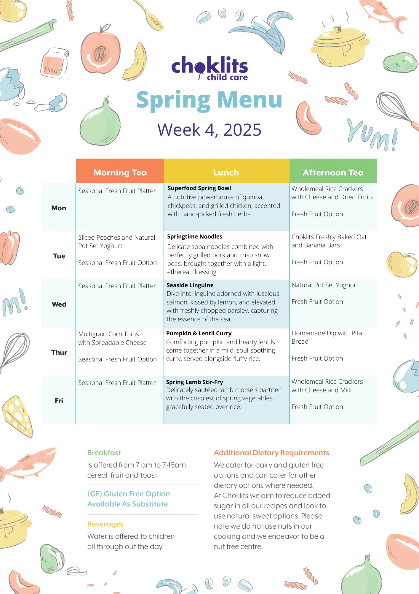 Choklits Child Care Spring Menu 2025 Week 4