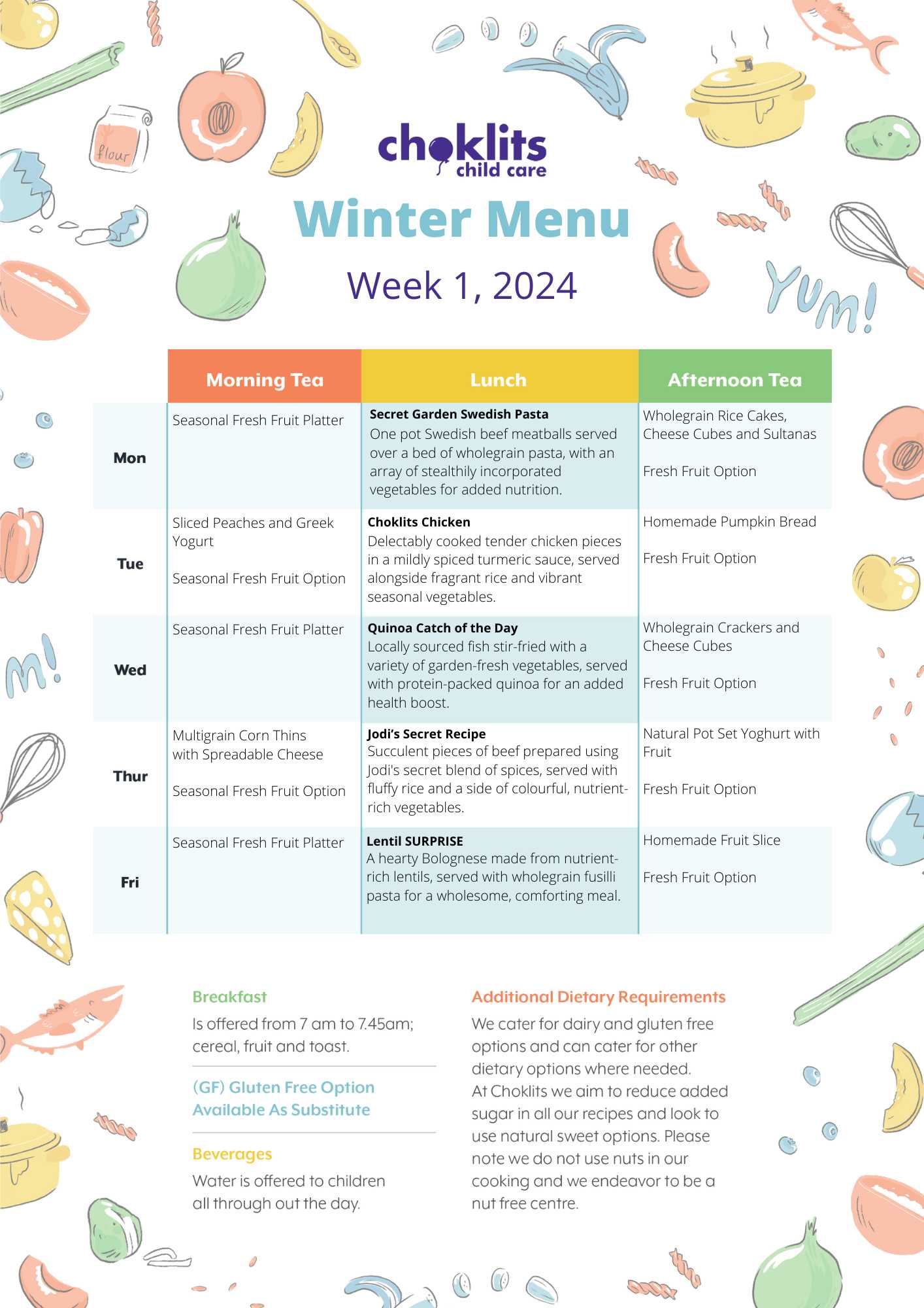 Choklits Child Care Winter Menu 2024 Week 1
