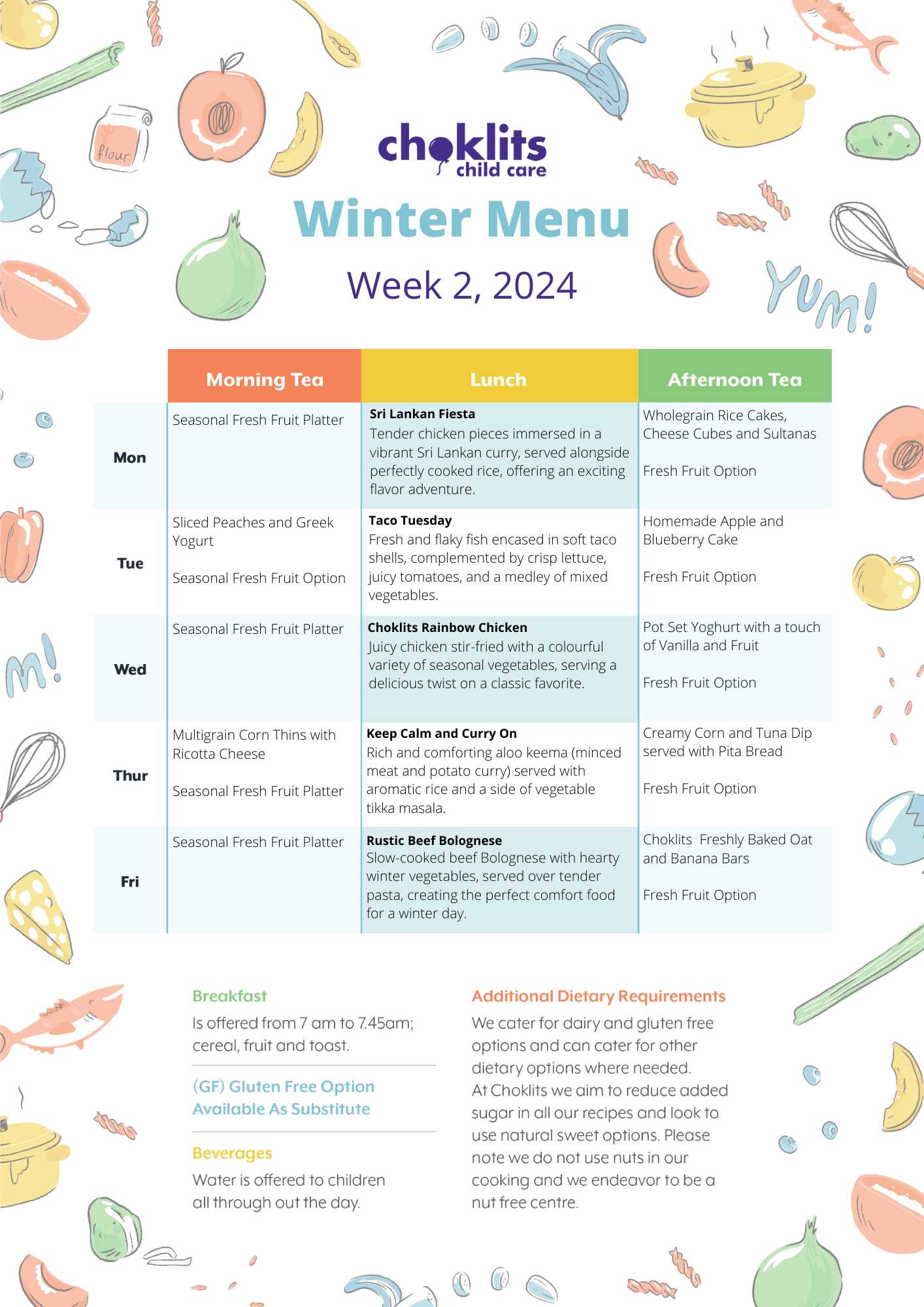 Choklits Child Care Winter Menu 2024 Week 2