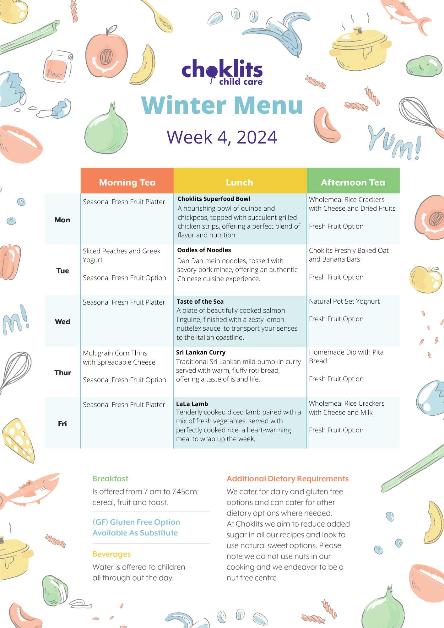 Choklits Child Care Winter Menu 2024 Week 4