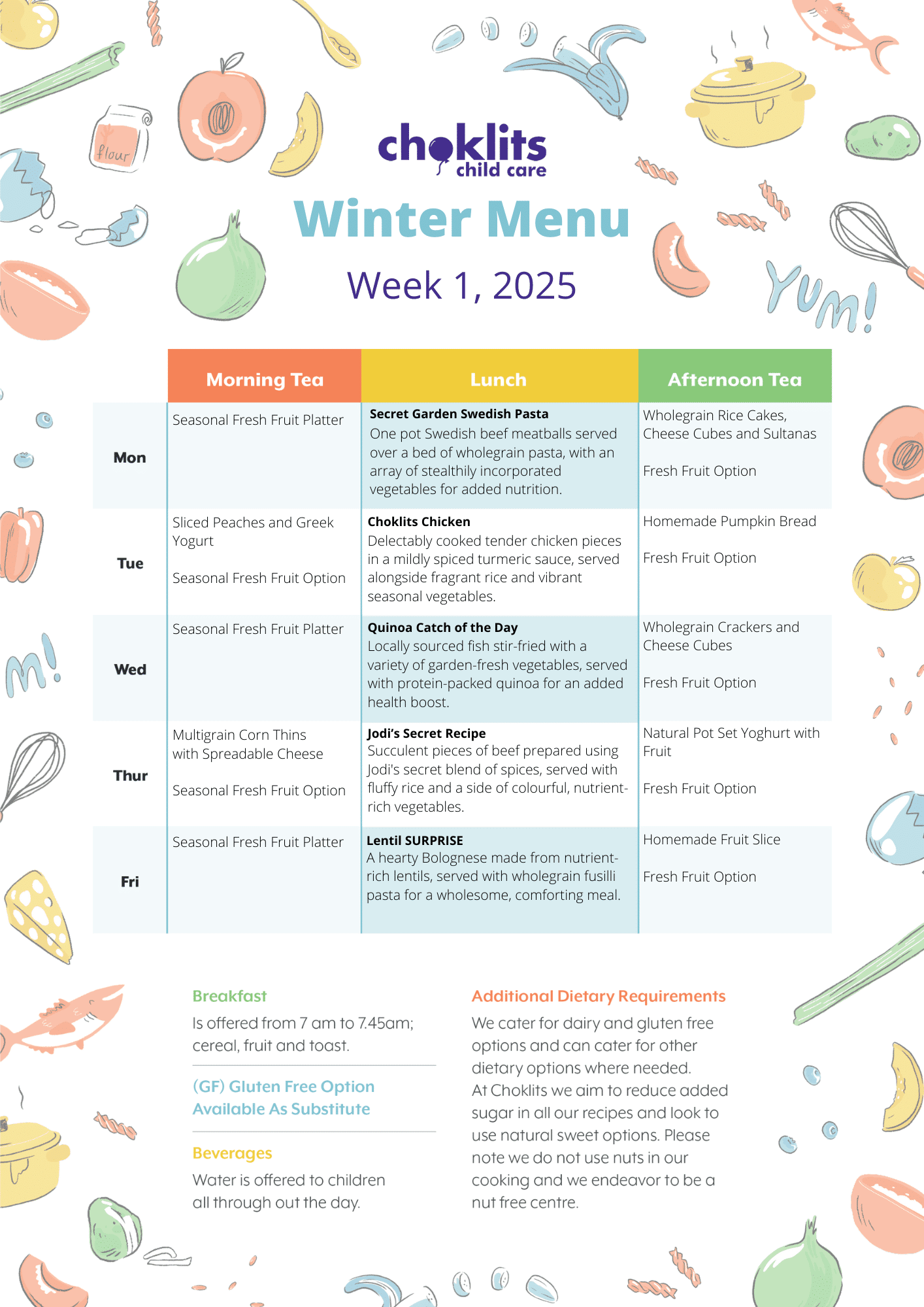 Choklits Child Care Winter Menu 2025 Week 1