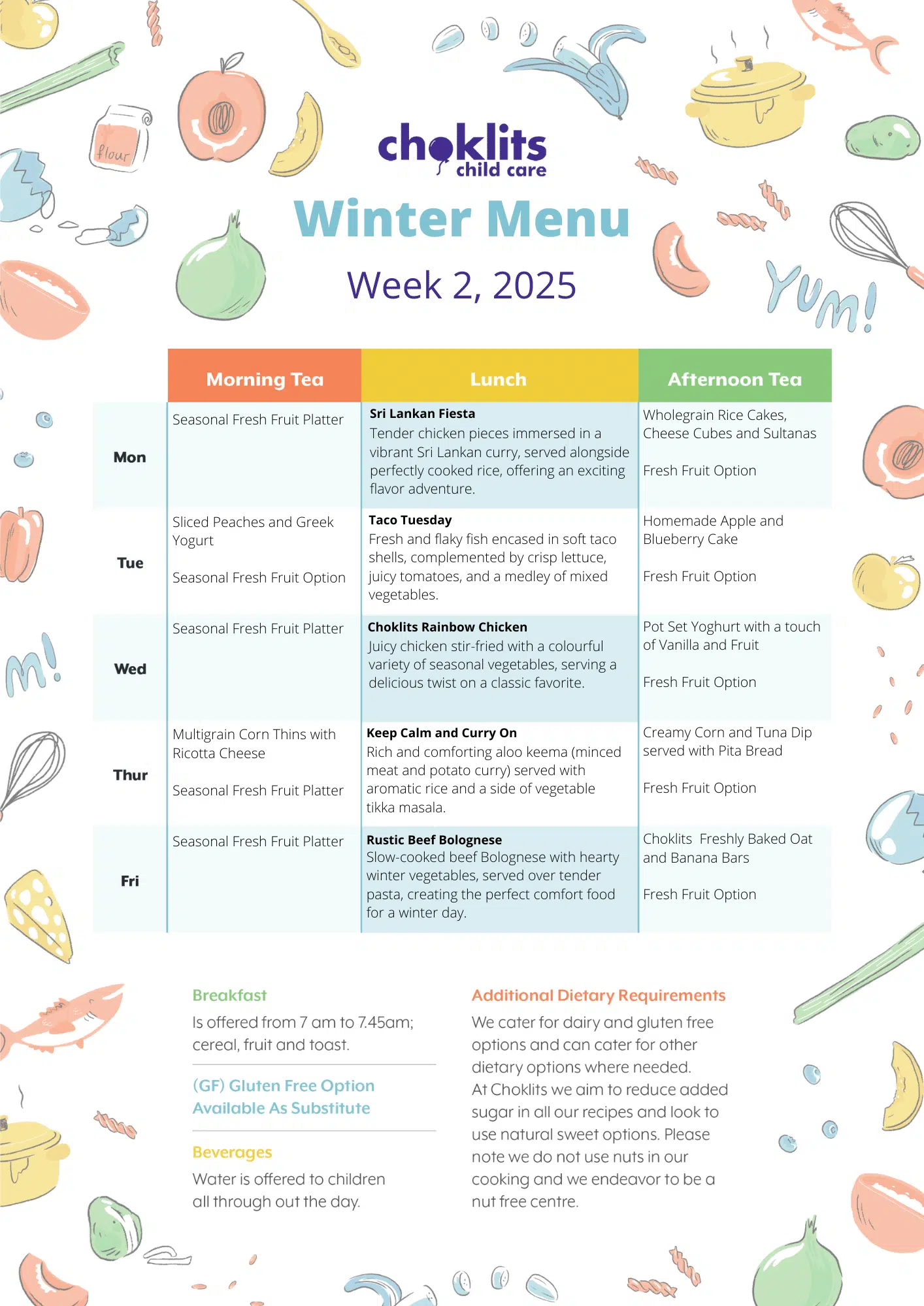 Choklits Child Care Winter Menu 2025 Week 2