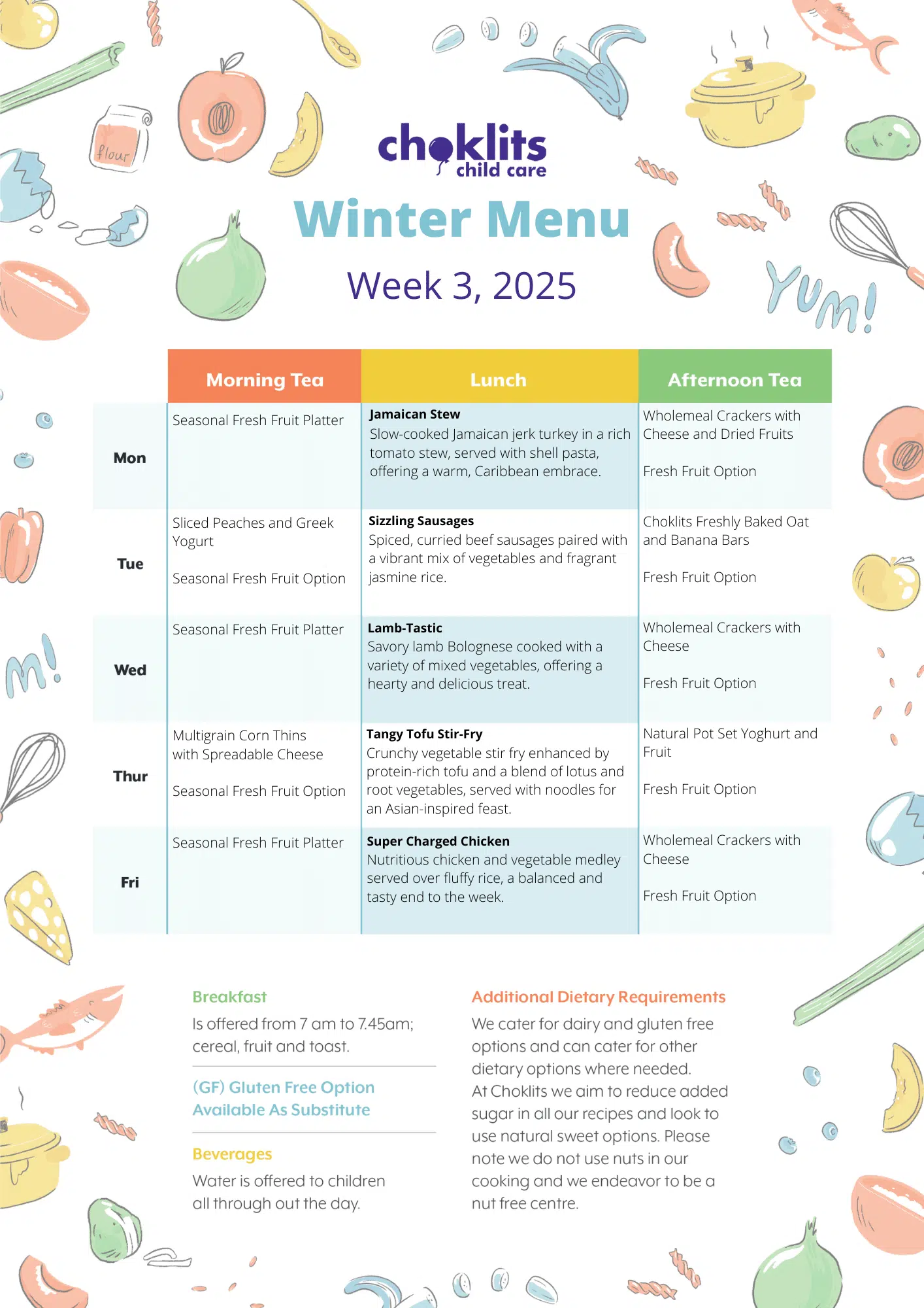 Choklits Child Care Winter Menu 2025 Week 3