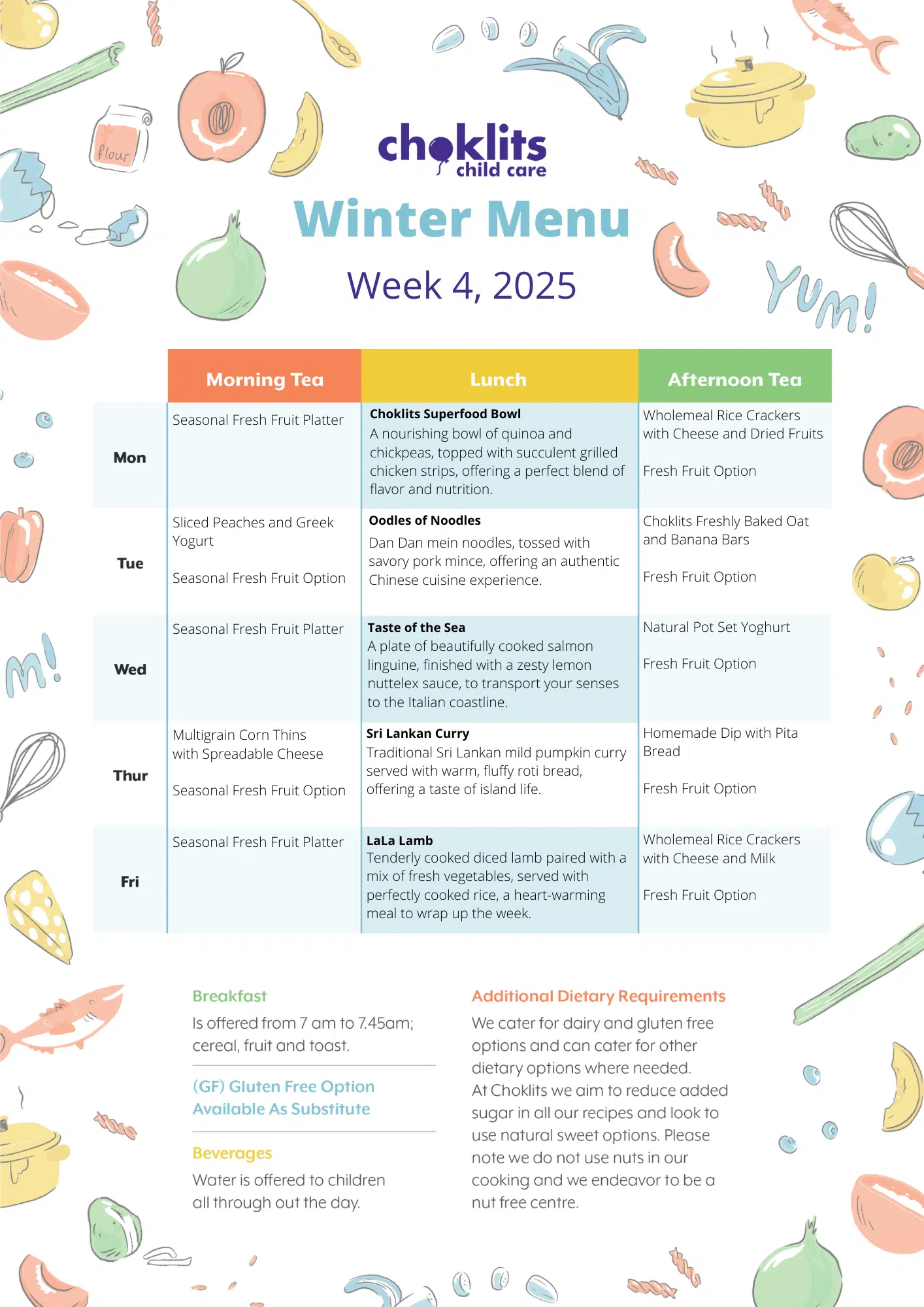 Choklits Child Care Winter Menu 2025 Week 4