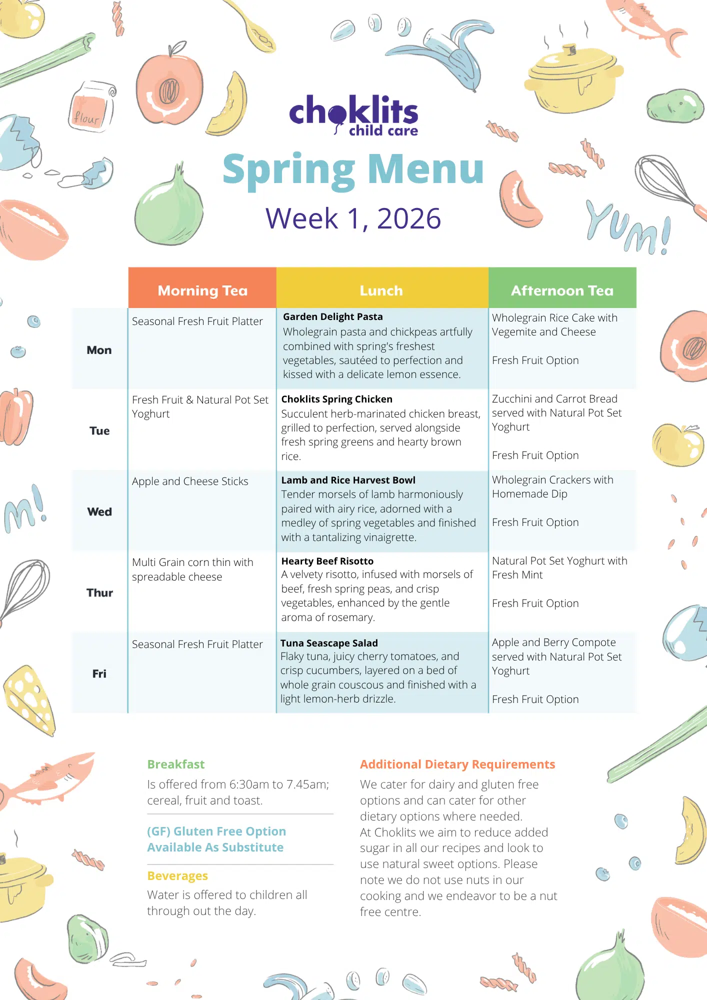Choklits Child Care Spring Menu 2026 Week 1
